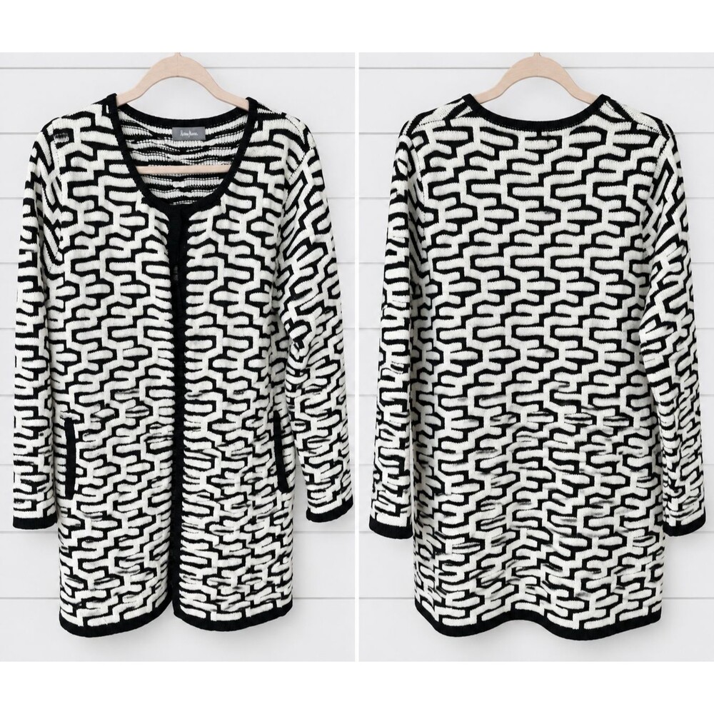 Neiman Marcus Black White Long Line Cardigan Thick Knit Geo Pattern L